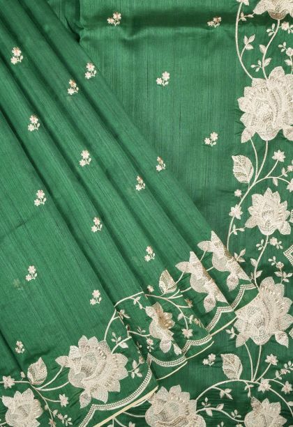 Basil Green Tussar Saree with Without Zari Zari Buttis (small Dots Or Motifs)