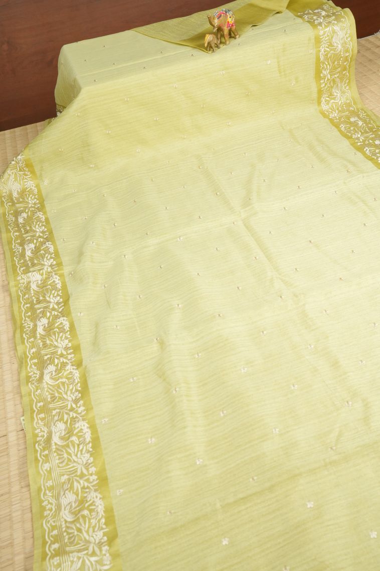 Lime Green Tussar Saree with Without Zari Zari Buttis (small Dots Or Motifs) view 2
