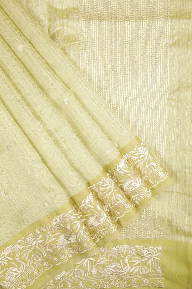 Lime Green Tussar Saree with Without Zari Zari Buttis (small Dots Or Motifs) view 1