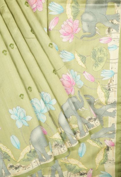 Olive Green Tussar Saree with Without Zari Zari Buttis (small Dots Or Motifs)