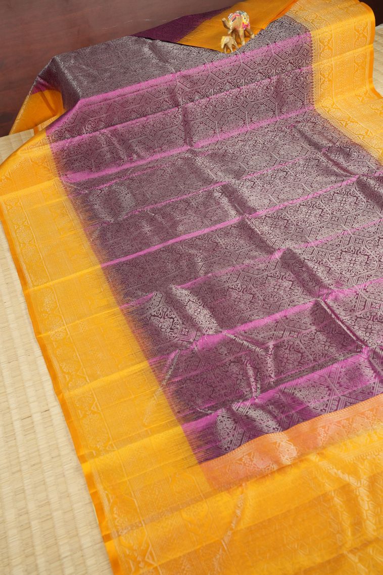 Magenta Purple Soft Silk Saree with Silver Zari Floral Patterns view 2