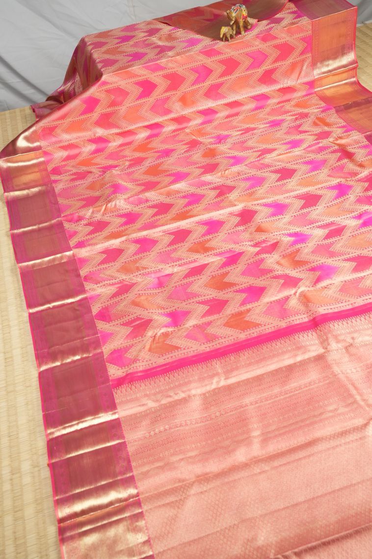 Lemonade Pink Kanchipuram Silk Sarees with Gold Zari Geometric Shapes view 2