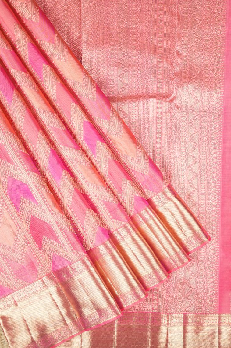 Lemonade Pink Kanchipuram Silk Sarees with Gold Zari Geometric Shapes view 1