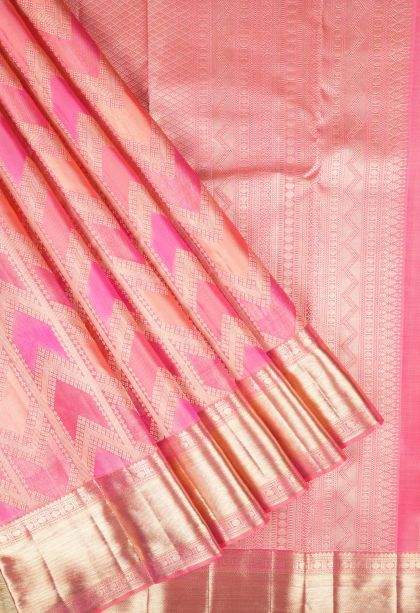 Lemonade Pink Kanchipuram Silk Sarees with Gold Zari Geometric Shapes