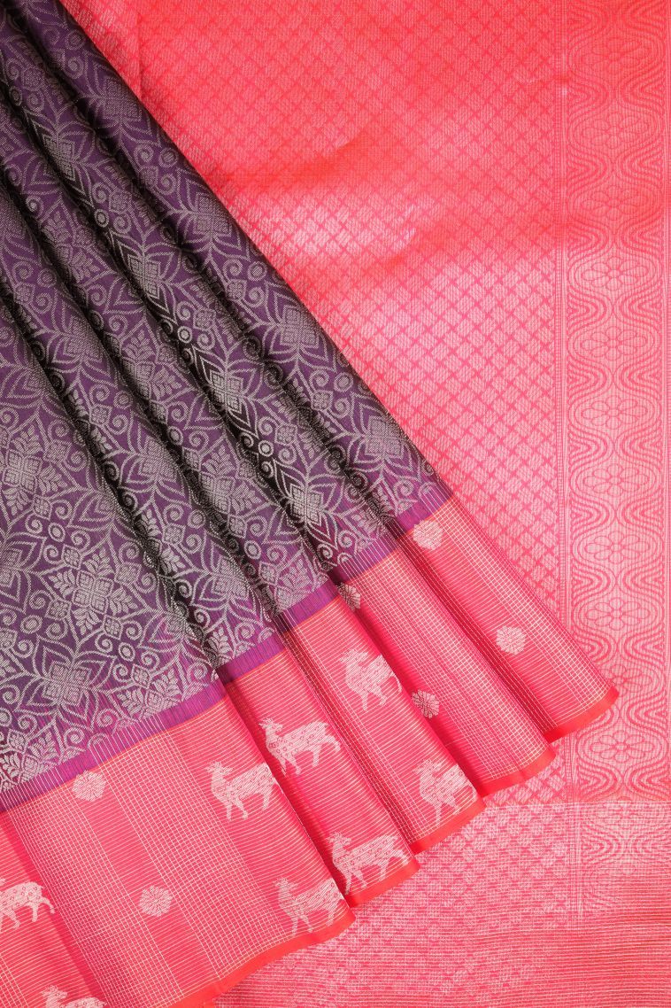 Bosenberry Purple Soft Silk Saree with Silver Zari Floral Patterns view 1
