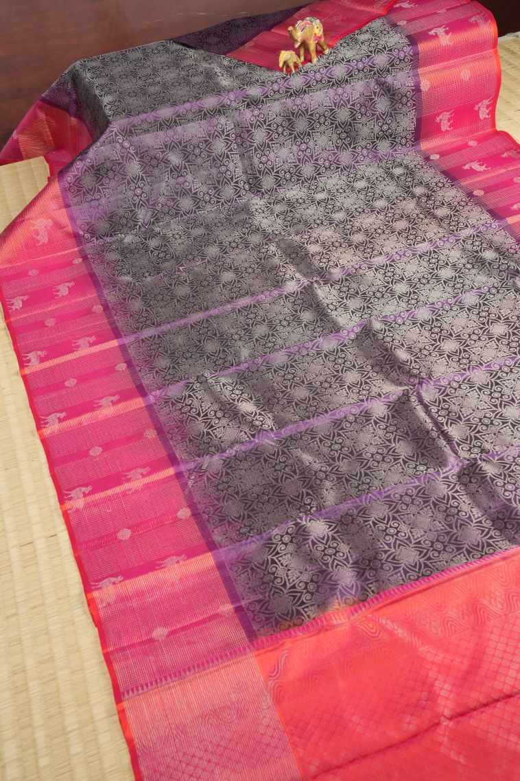 Bosenberry Purple Soft Silk Saree with Silver Zari Floral Patterns view 2