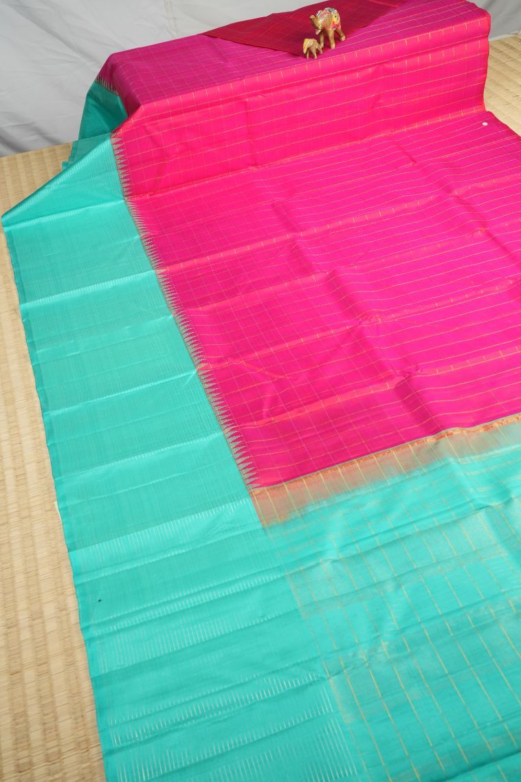 Hot Pink Kanchipuram Silk Sarees with Gold Zari Checks view 2