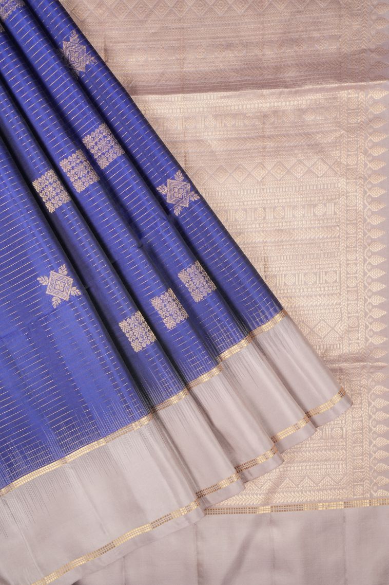 Lapis Blue Soft Silk Saree with Gold Zari Stripes view 1