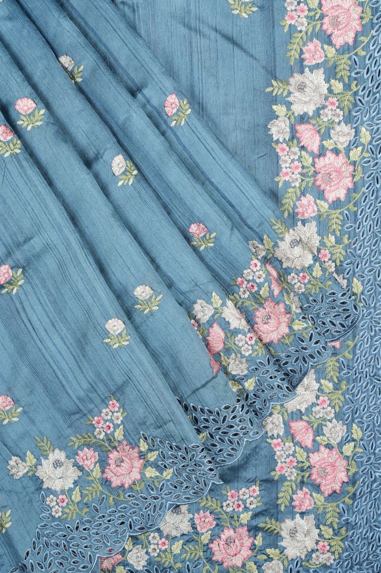 Cerulean Blue Tussar Saree with Without Zari Zari Buttis (small Dots Or Motifs) view 1