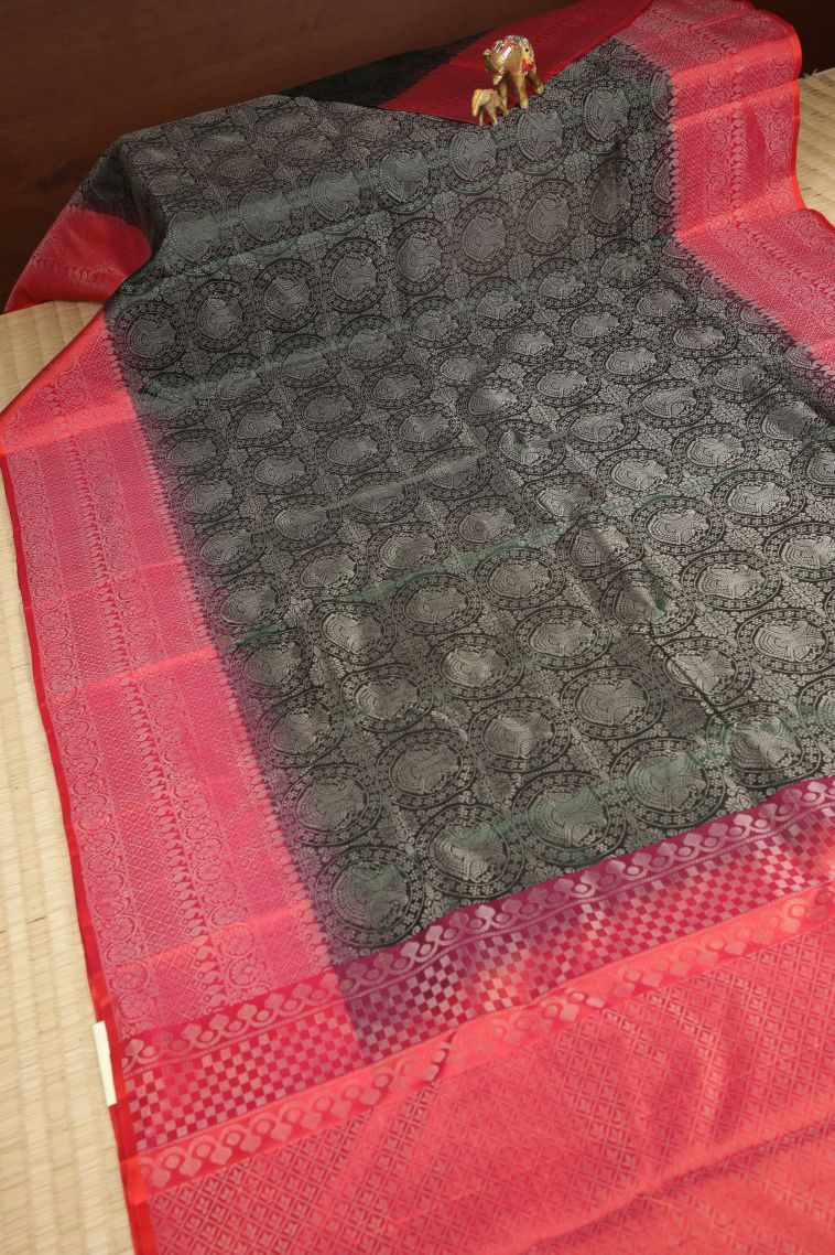 Bottle Green Soft Silk Saree with Silver Zari Floral Patterns view 2