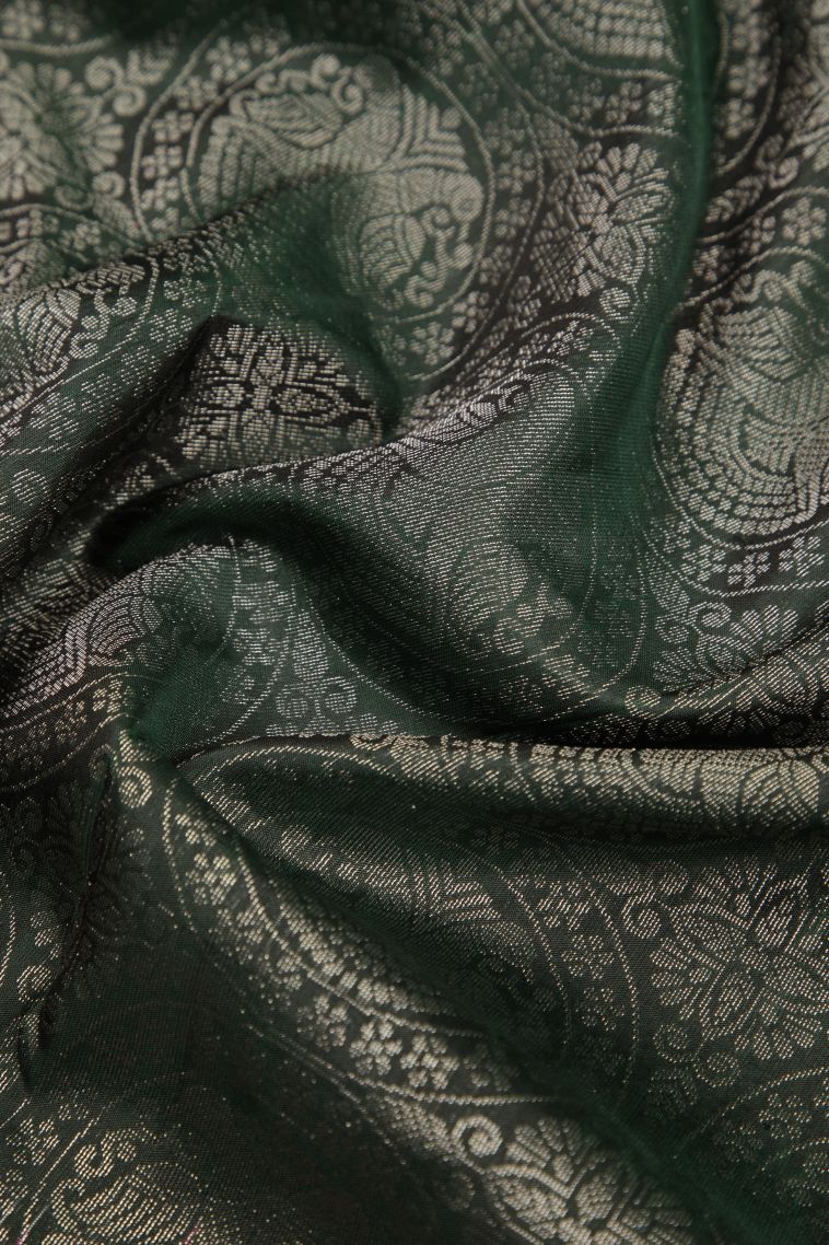 Bottle Green Soft Silk Saree with Silver Zari Floral Patterns view 4