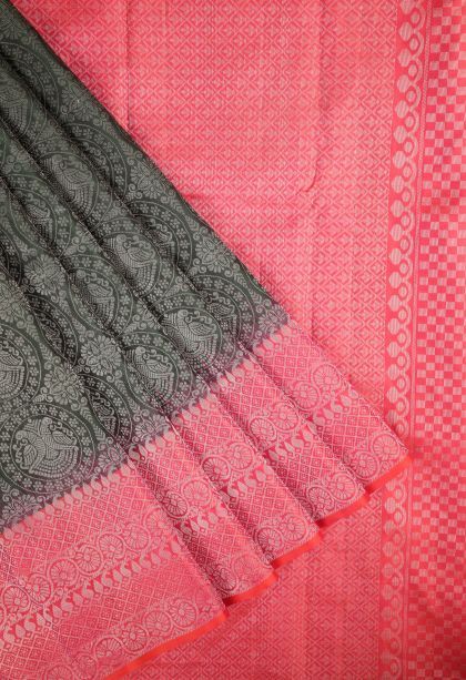 Bottle Green Soft Silk Saree with Silver Zari Floral Patterns