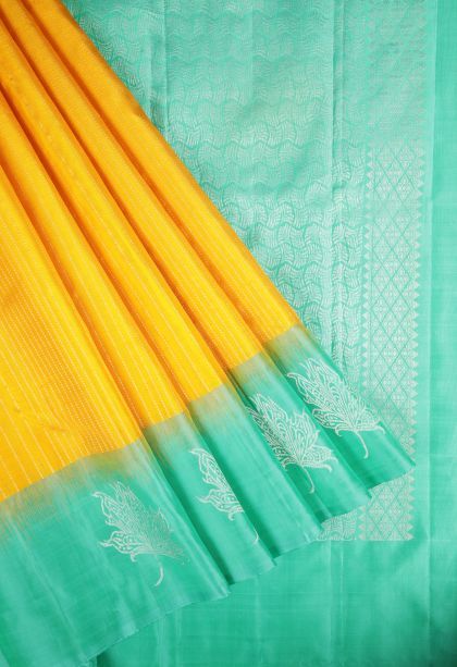 Lemon Yellow Soft Silk Saree with Silver Zari Floral Patterns