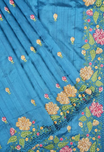 Daffane Blue Tussar Saree with Without Zari Zari Buttis (small Dots Or Motifs)