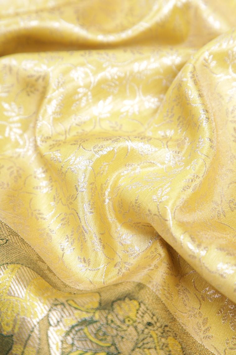 Lemon Yellow Tissue Silk Sarees with Silver Zari Floral Patterns view 4