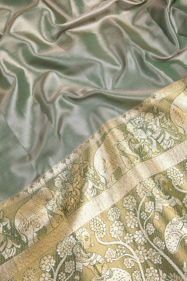Lemon Yellow Tissue Silk Sarees with Silver Zari Floral Patterns view 3