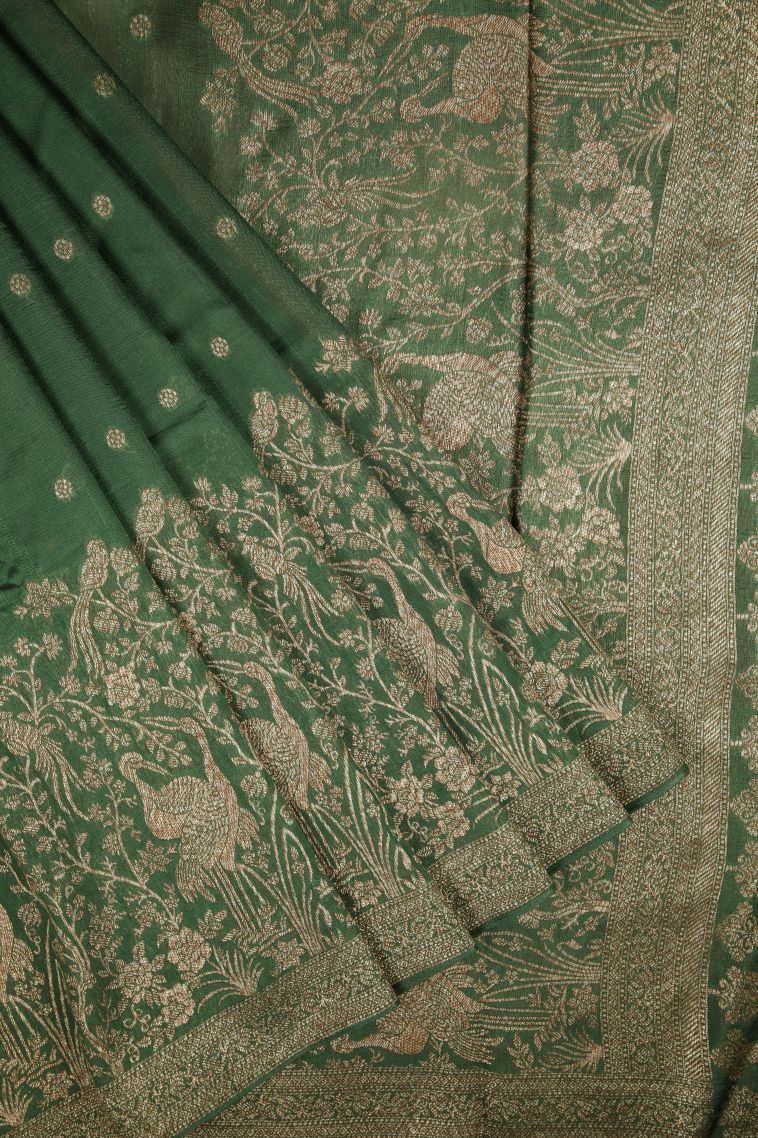 Basil Green Banaras Sarees with Copper Zari Buttis (small Dots Or Motifs) view 1