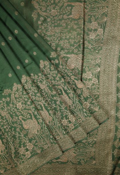 Basil Green Banaras Sarees with Copper Zari Buttis (small Dots Or Motifs)