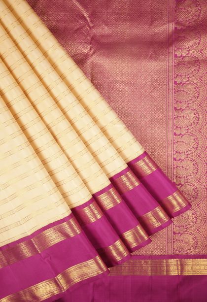 Cream White Kanchipuram Silk Sarees with Gold Zari Stripes