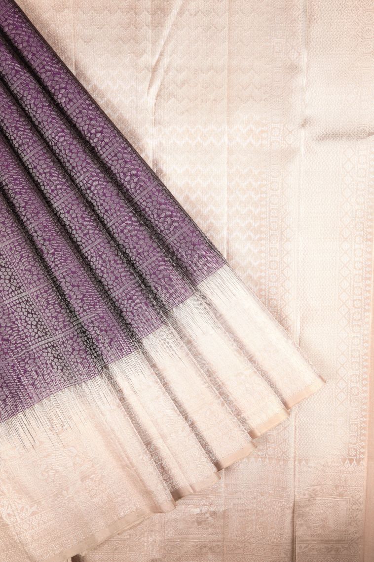 Jam Purple Soft Silk Saree with Silver Zari Floral Patterns view 1