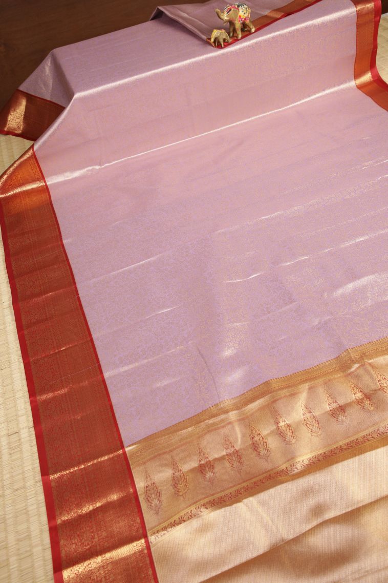 Lavender Purple Tissue Silk Sarees with Silver Zari Floral Patterns view 2