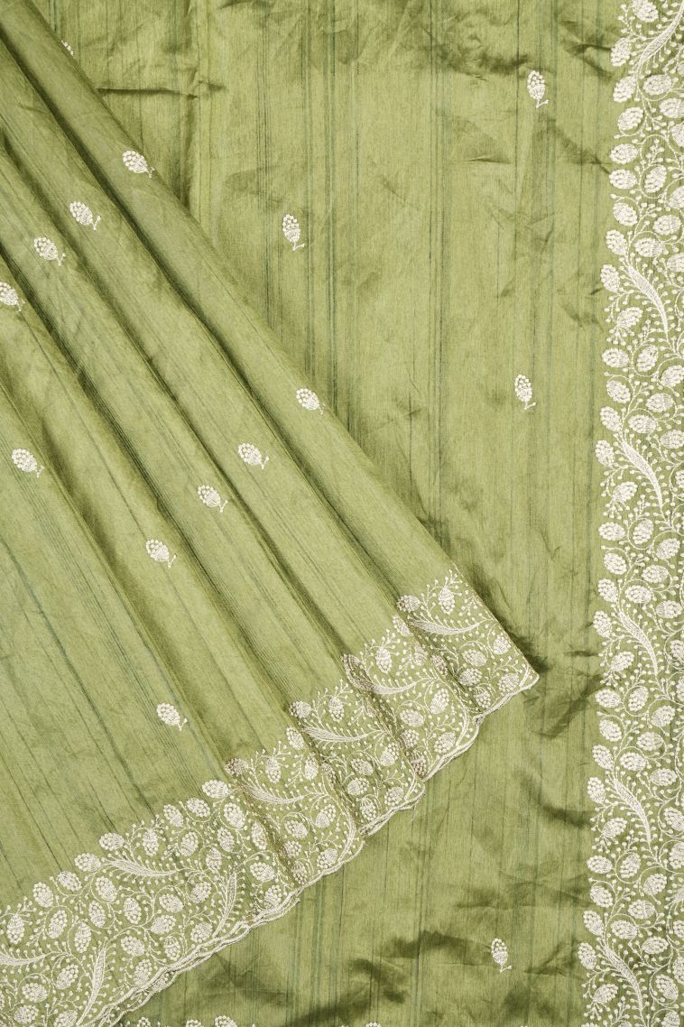 Moccon Green Tussar Saree with Without Zari Zari Buttis (small Dots Or Motifs) view 1