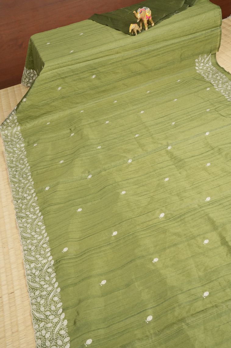 Moccon Green Tussar Saree with Without Zari Zari Buttis (small Dots Or Motifs) view 2