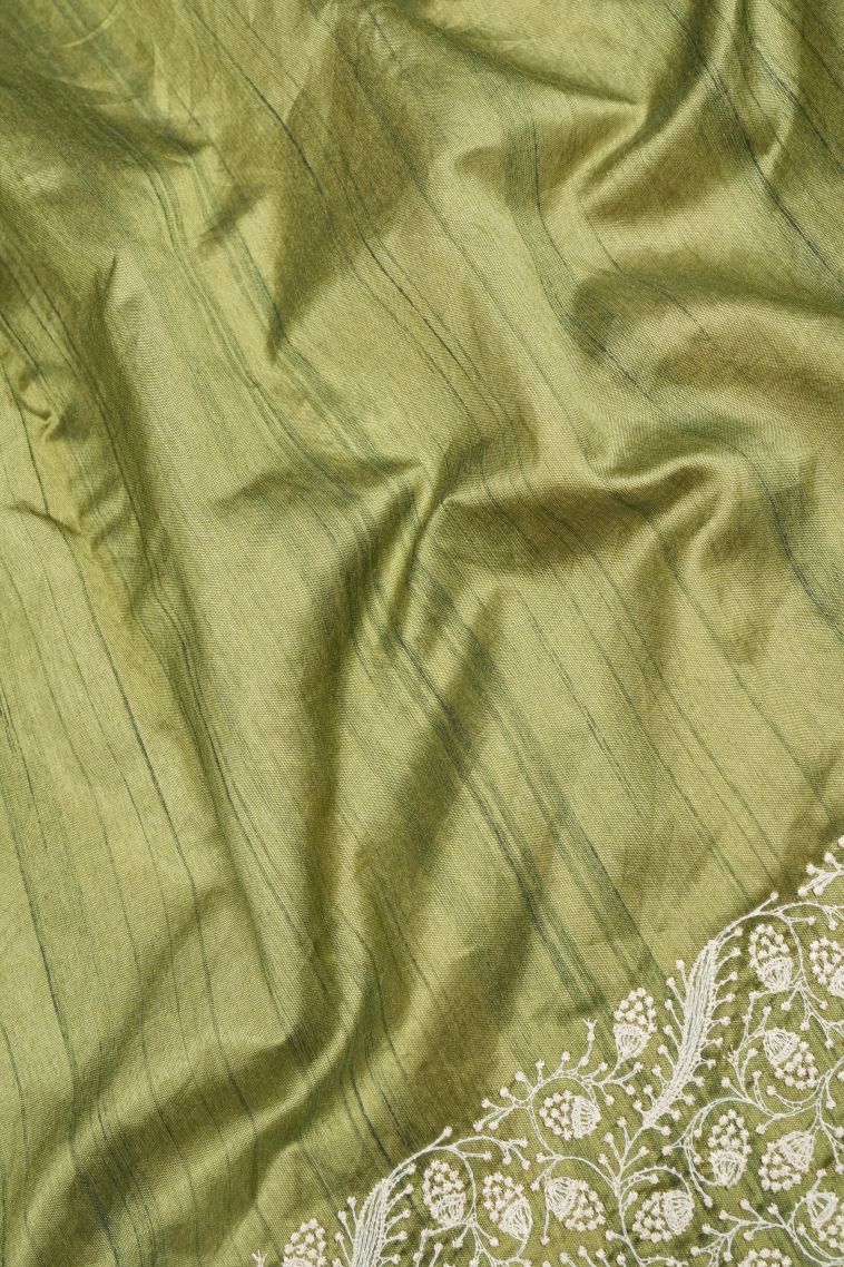 Moccon Green Tussar Saree with Without Zari Zari Buttis (small Dots Or Motifs) view 3