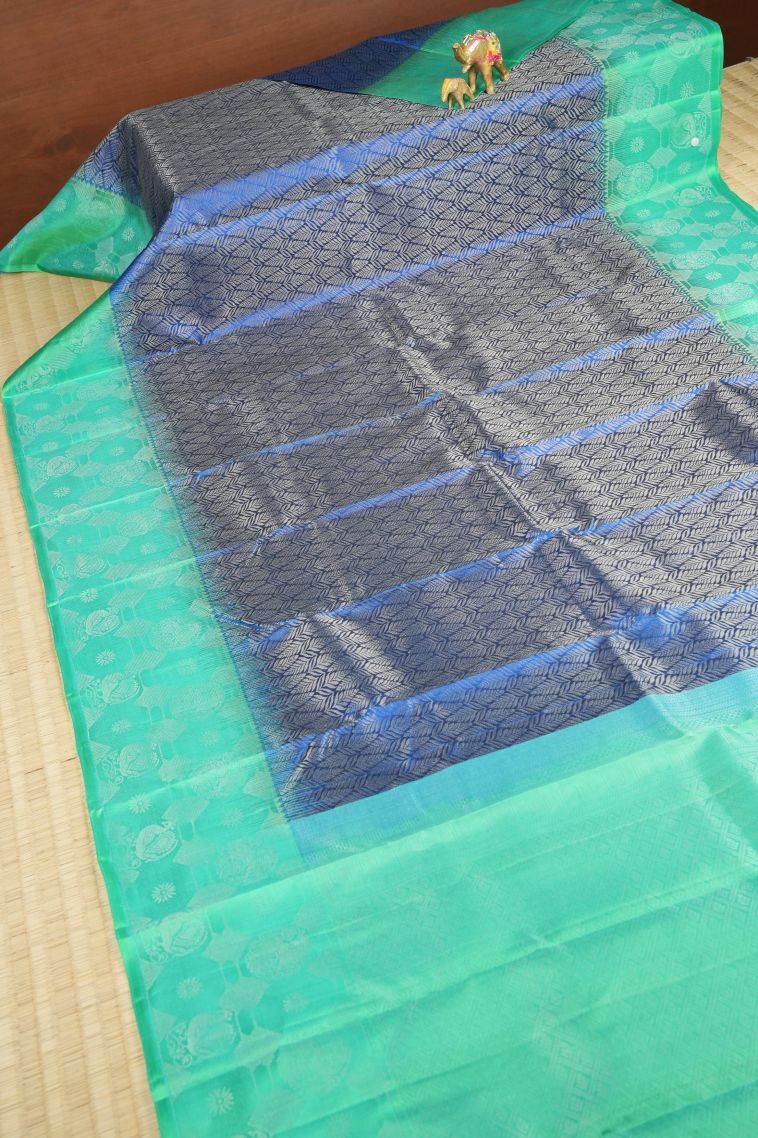 Azure Blue Soft Silk Saree with Silver Zari Floral Patterns view 2