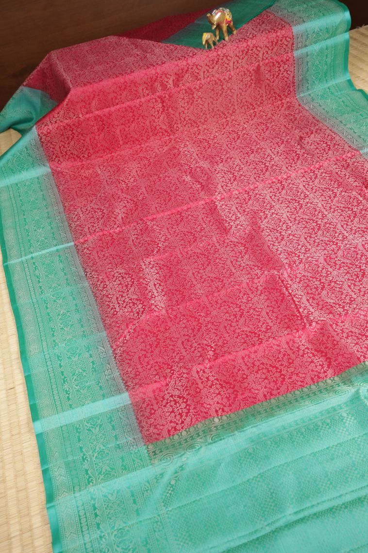 Hot Pink Soft Silk Saree with Silver Zari Floral Patterns view 2