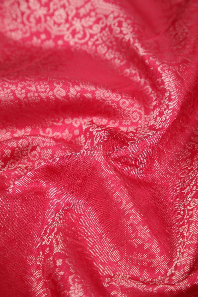 Hot Pink Soft Silk Saree with Silver Zari Floral Patterns view 4