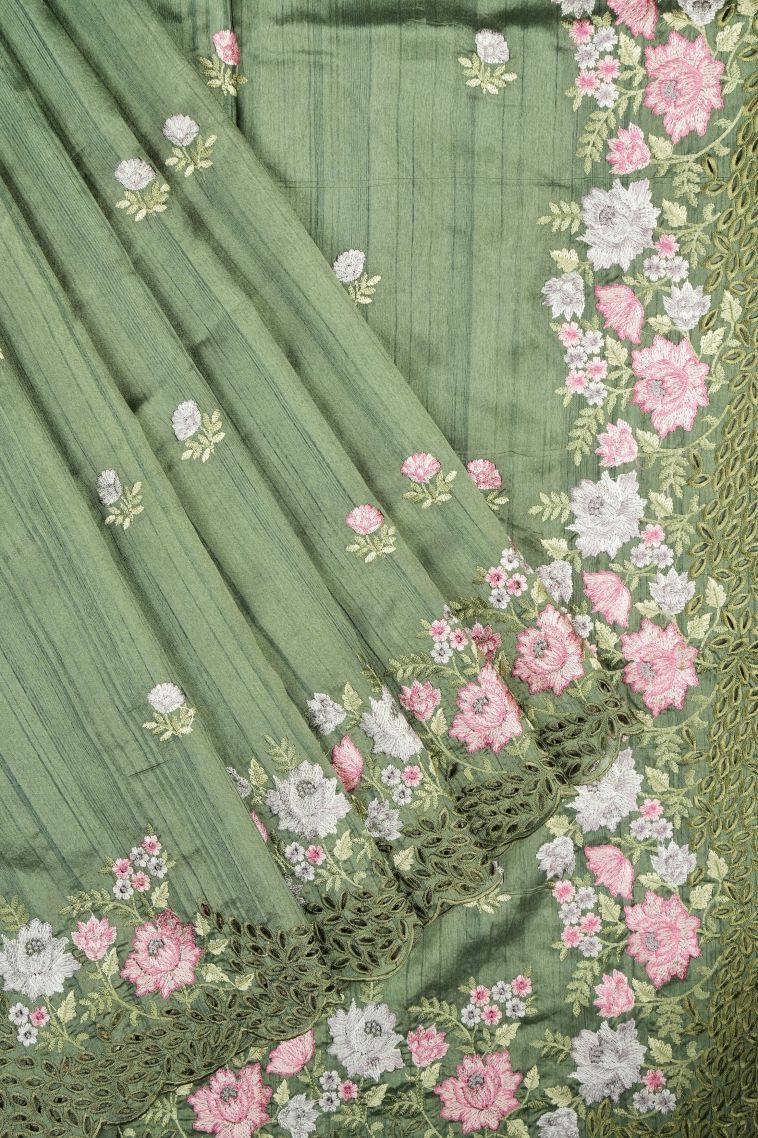 Emerald Green Tussar Saree with Without Zari Zari Buttis (small Dots Or Motifs) view 1