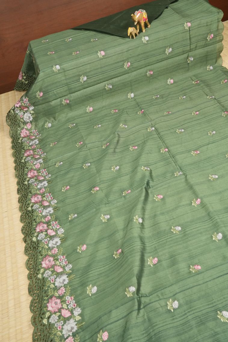Emerald Green Tussar Saree with Without Zari Zari Buttis (small Dots Or Motifs) view 2