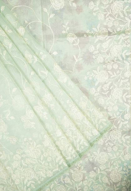 Mint Green Organza Saree with Without Zari Zari Floral Patterns