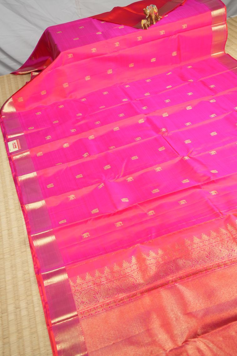 Hot Pink Kanchipuram Silk Sarees with Gold Zari Buttis (small Dots Or Motifs) view 2