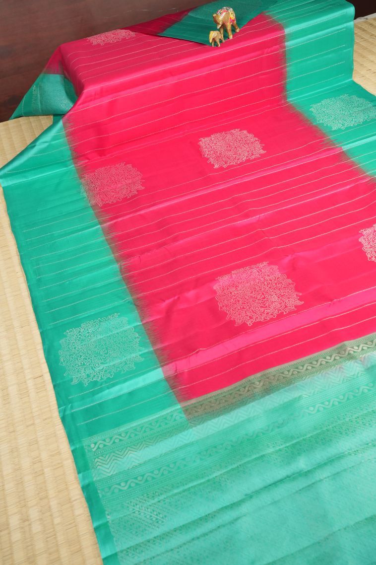 Hot Pink Soft Silk Saree with Silver Zari Stripes view 2