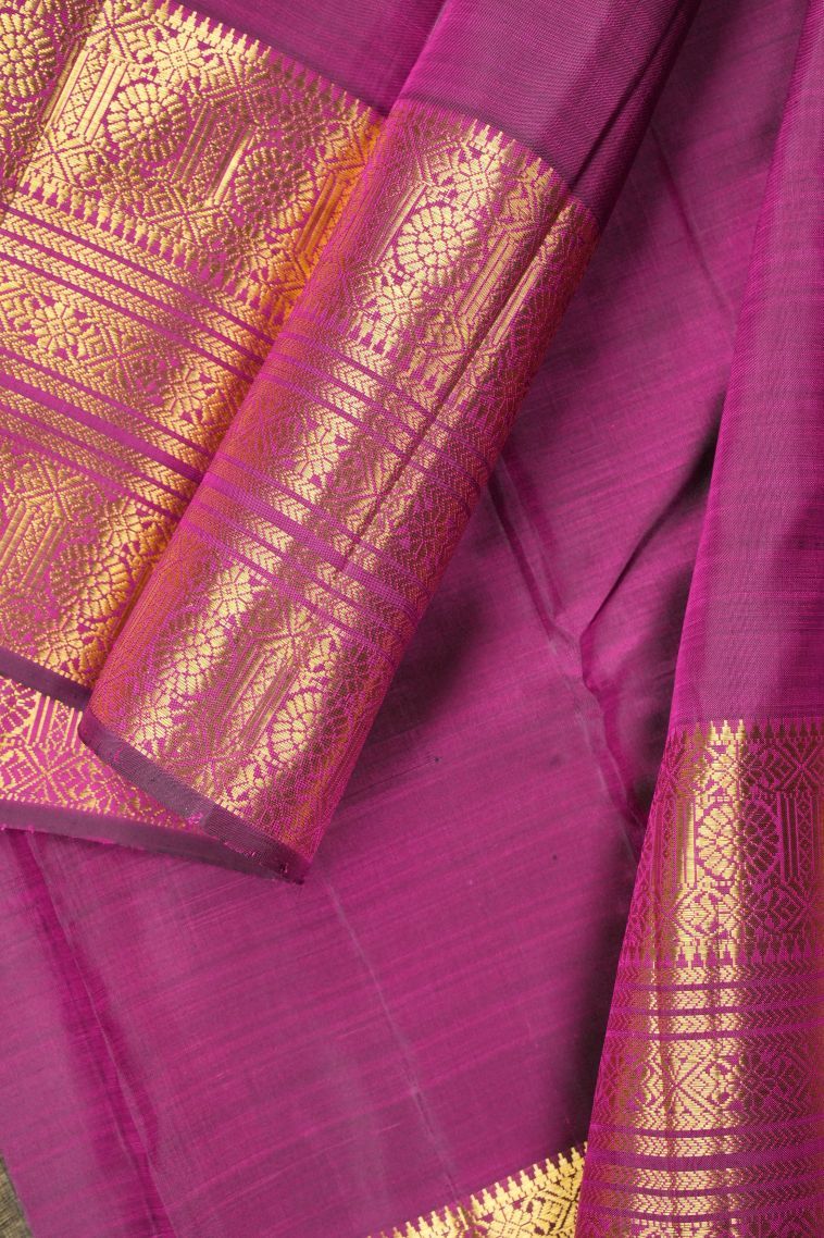 Magenta Purple Kanchipuram Silk Sarees with Gold Zari Stripes view 3