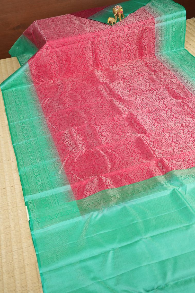 Strawberry Pink Soft Silk Saree with Silver Zari Floral Patterns view 2