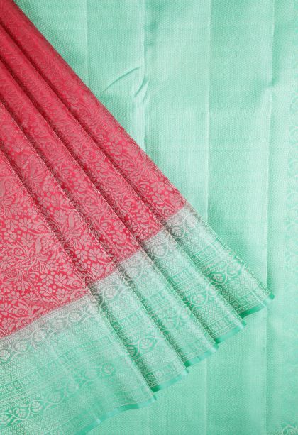 Strawberry Pink Soft Silk Saree with Silver Zari Floral Patterns