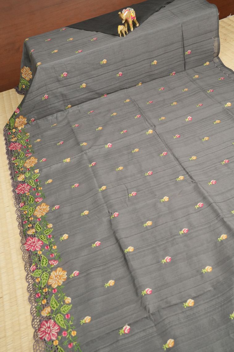 Gray Black Tussar Saree with Without Zari Zari Buttis (small Dots Or Motifs) view 2