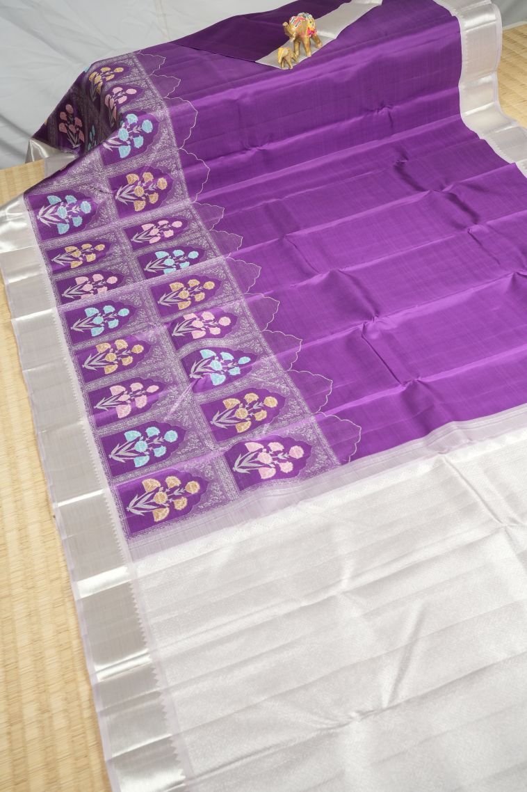 Bubble Purple Kanchipuram Silk Sarees with Silver Zari Floral Patterns view 2