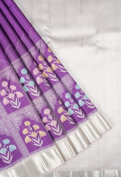 Bubble Purple Kanchipuram Silk Sarees with Silver Zari Floral Patterns