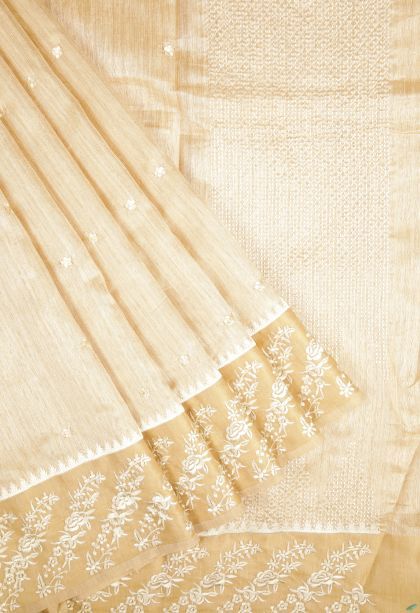 Cream White Tussar Saree with Without Zari Zari Buttis (small Dots Or Motifs)