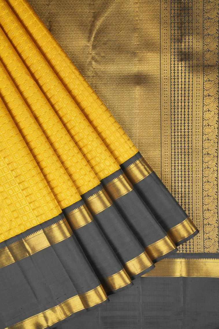 Gold Kanchipuram Silk Sarees with Gold Zari Checks view 1