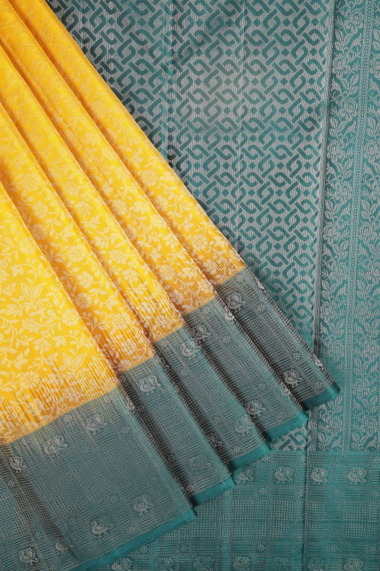 Gold Soft Silk Saree with Silver Zari Floral Patterns view 1