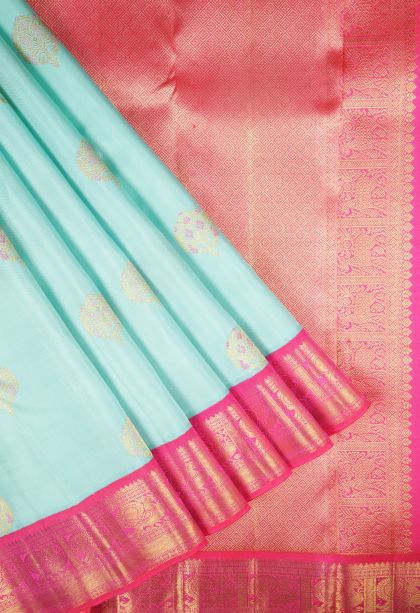 Arctic Blue Kanchipuram Silk Sarees with Gold Zari Buttis (small Dots Or Motifs)