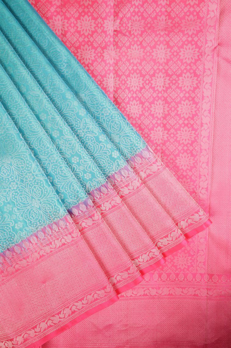 Arctic Blue Soft Silk Saree with Silver Zari Floral Patterns view 1