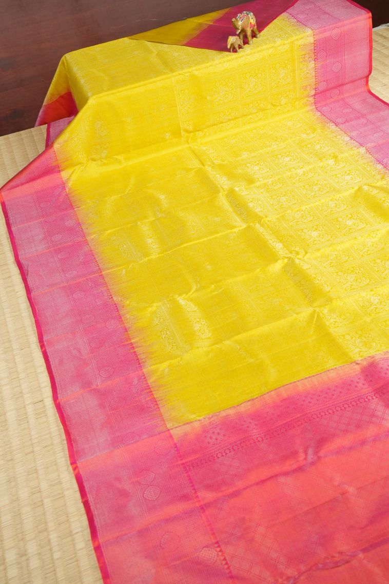 Lemon Yellow Soft Silk Saree with Silver Zari Floral Patterns view 2