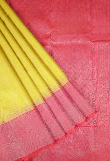 Lemon Yellow Soft Silk Saree with Silver Zari Floral Patterns
