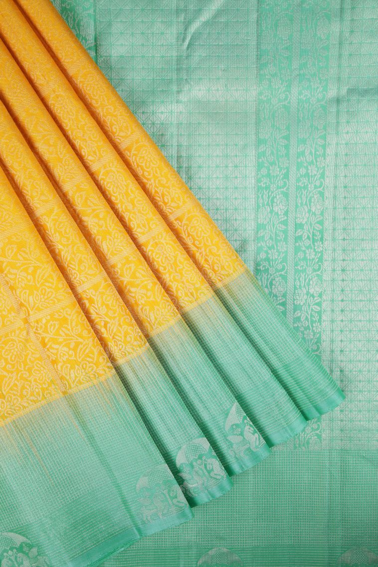 Lemon Yellow Soft Silk Saree with Gold Zari Floral Patterns view 1